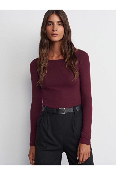 Madmext Burgundy Boat Neck Long Sleeve Women's Top Body Mg2267