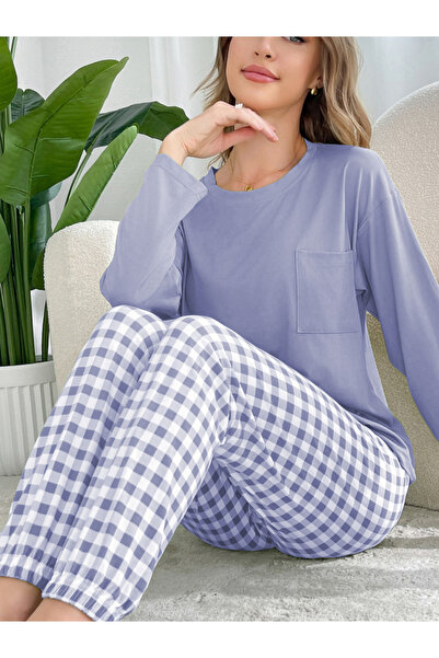 Take Two By Styli Purple Plain T-Shirt and Checked Pyjama Set