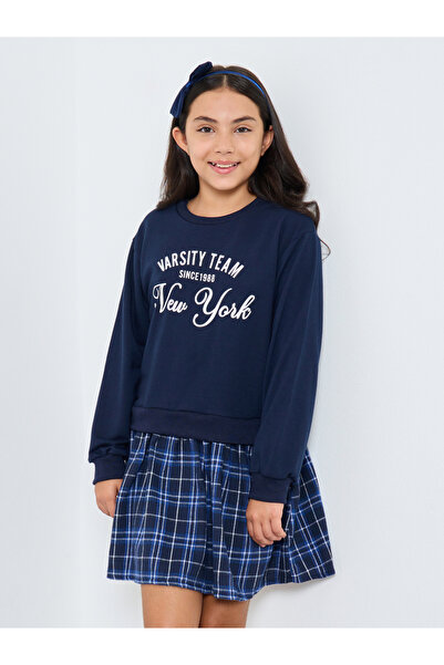 Styli Teen Navy Blue Varsity Sweatshirt Dress