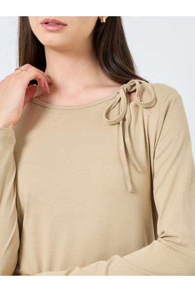 Take Two By Styli Beige Long Sleeve Tie Neck Blouse