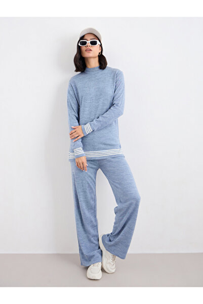 Styli طقم نسائي شتوي محتشم من أعلى وبنطلون مخطط محبوك