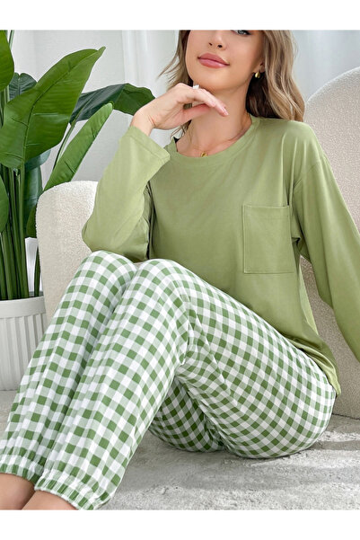 Take Two By Styli Green Plain T-Shirt and Checked Pyjama Set