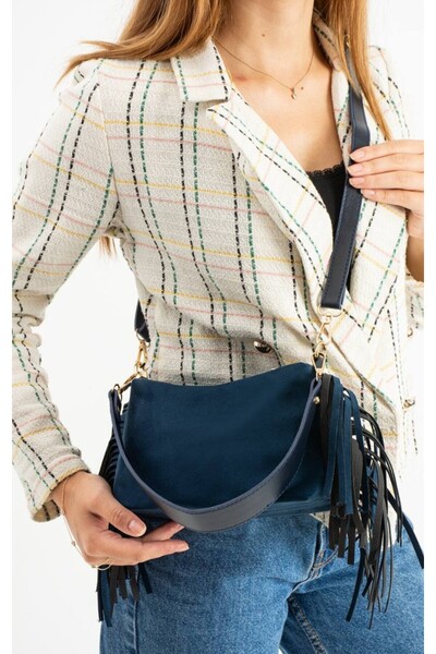 eflanmoda حقيبة كتف وحقيبة كروس نسائية من جلد الغزال باللون الأزرق الداكن