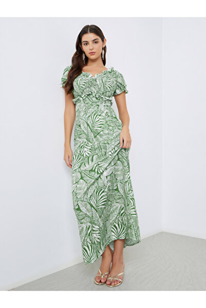 Styli All-Over Print Off Shoulder A-Line Maxi Dress