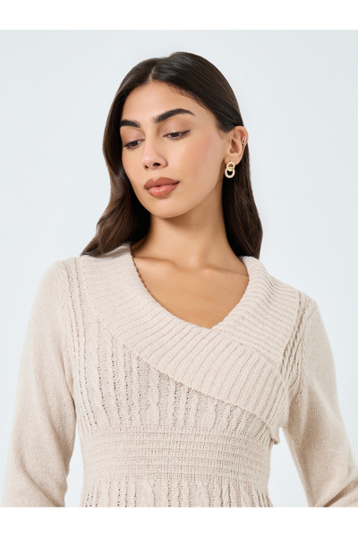 Take Two By Styli Beige Cable Knit Bodycon Midi Dress