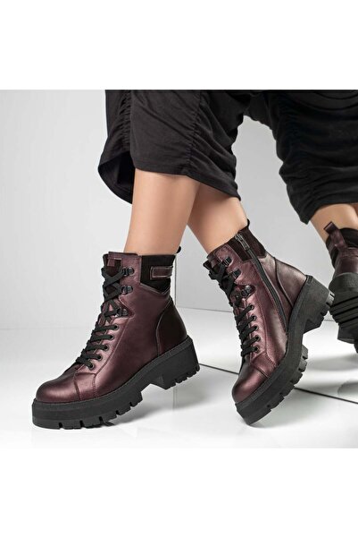 Modlet.ro Women's burgundy pearly leather thick-sole boots MOD12333