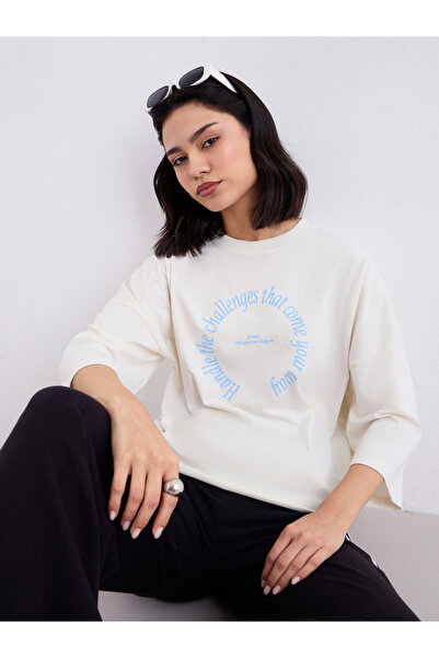 Styli Cream Oversized Slogan Print T-Shirt