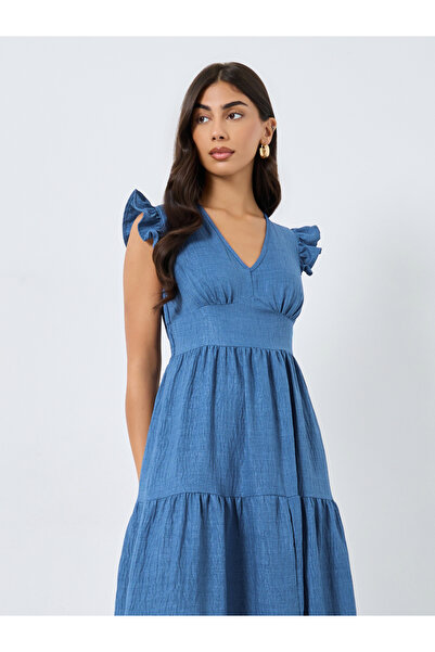 Take Two By Styli Blue Tiered Midi Dress with Ruffled Sleeve