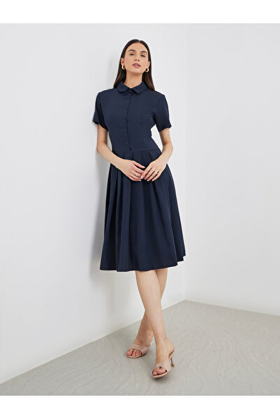 Take Two By Styli Collared Short Sleeve Pleated Knee Length Dress