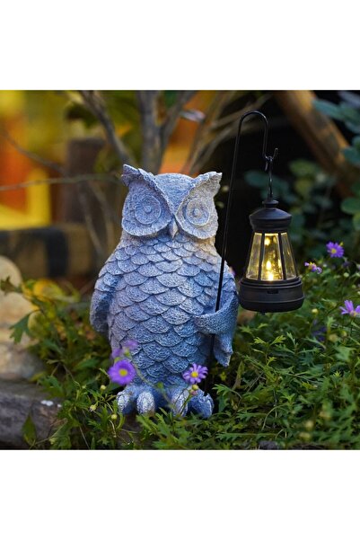 Flippy LED Garden Ornament Owl with Lantern, Resin, 21.5x15 cm, Grey