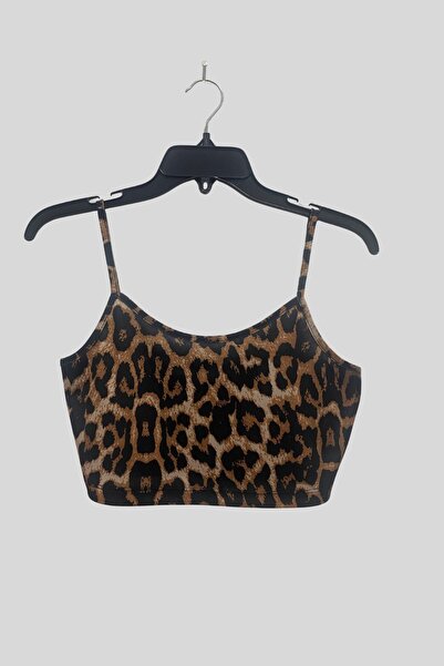 Seamoda Plus Size Leopard Print Rope Strap Lycra Half Tank Top-Brown