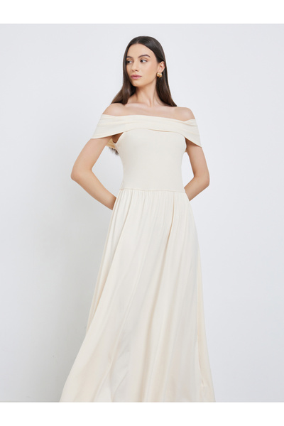 Take Two By Styli Beige Off Shoulder A-Line Midi Dress