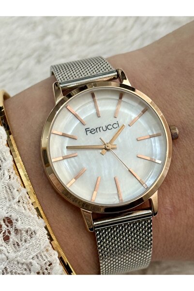 Ferrucci ساعة نسائية بسوار من الخيزران بلون فضي وذهبي وردي