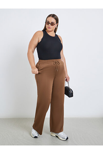 Styli Plus Brown Wide Leg Joggers with Drawstring Waist