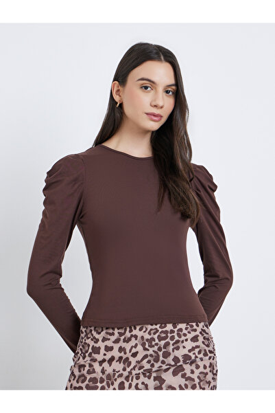 Take Two By Styli Brown Solid Puff Sleeve Knit Top