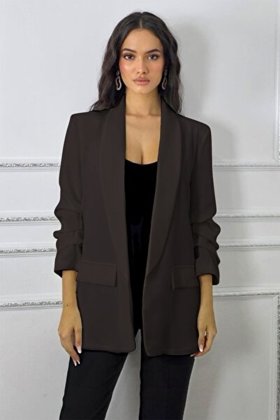 FashionForYou Alessia jacket with ruffled sleeves and decorative pockets, Dark brown