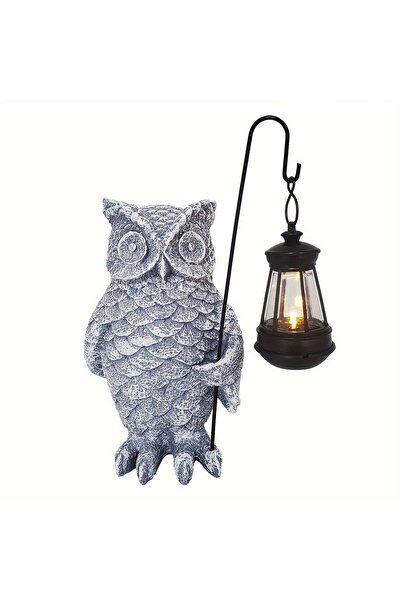 Flippy LED Garden Ornament Owl with Lantern, Resin, 21.5x15 cm, Grey