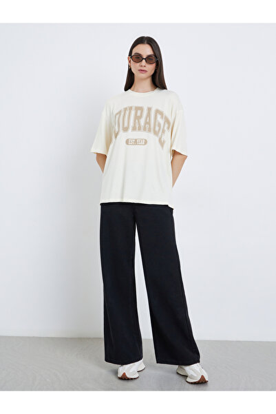 Take Two By Styli Beige Slogan Oversized T-Shirt