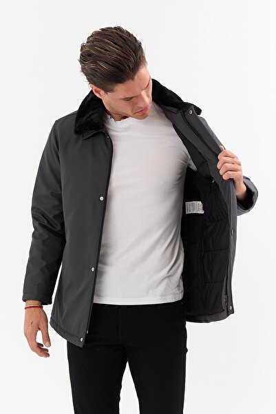 SİVAİST Men's Grey Detachable Collar Fur Water-Repellent Fur-Lined Coat – Windproof, Lightweight and Durable