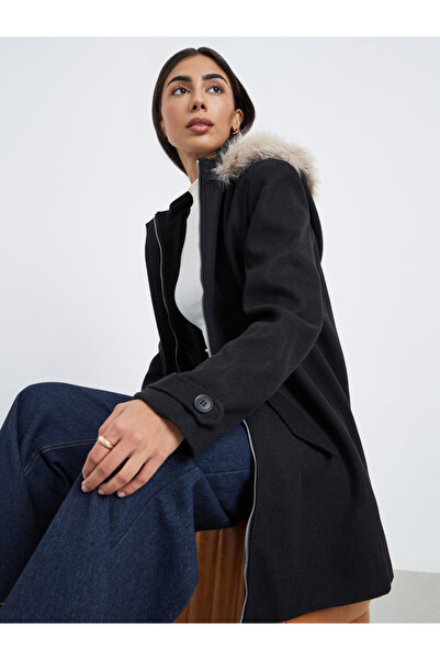 Styli معطف أسود طويل من الصوف مع حواف من الفرو الصناعي