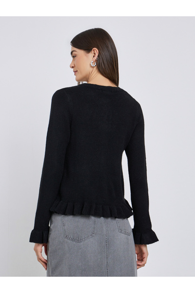Styli Black Regular Fit Ruffle Trim Knit Cardigan