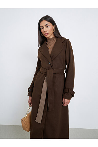 Styli Contrast Back Panel Wool Like Belted Coat