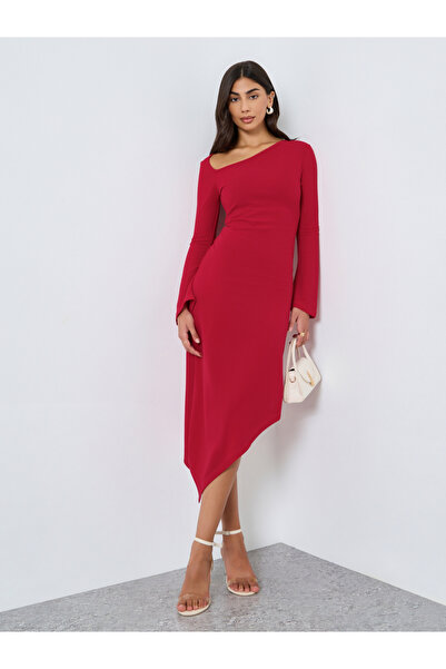 Take Two By Styli Solid Long Sleeve Asymmetric Hem Midi Dress