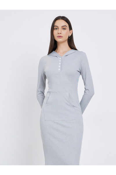 Take Two By Styli Solid Hooded Long Sleeve Midi Dress