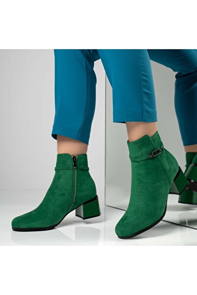 Modlet.ro Women's green suede heeled ankle boots with metallic details MOD12595
