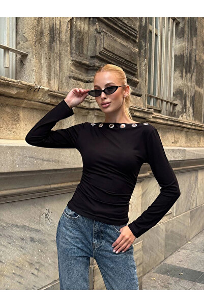 Bak Moda Μαύρη μπλούζα με μάτια πουλιού