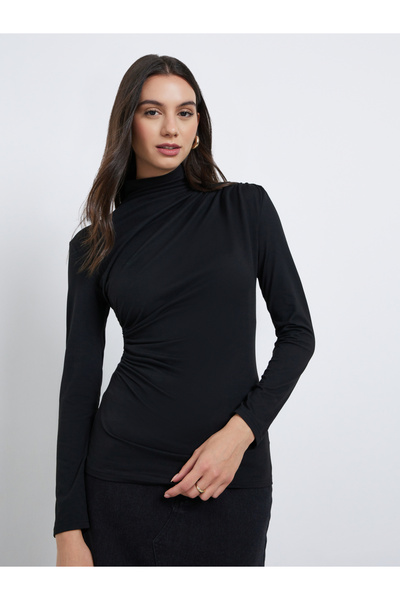 Take Two By Styli Black Ruching Detail Long Sleeve Top