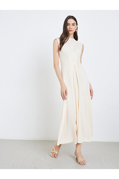 Take Two By Styli Beige Solid Center Front Pleated Midi Dress