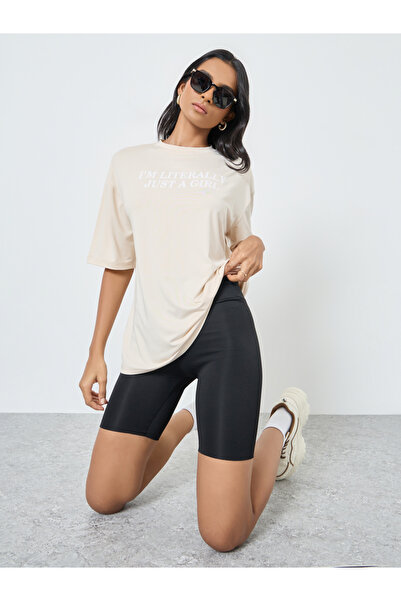 Take Two By Styli Cream Slogan Print Oversized T-Shirt