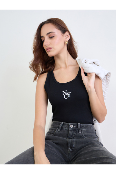 Styli Black Embroidered Ribbed Tank and Joggers Co-Ords