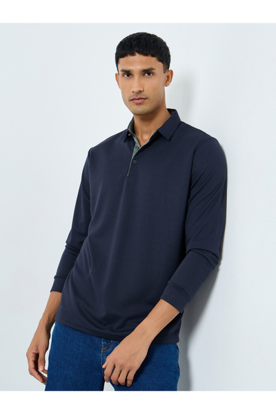 Styli Men Navy Blue Long Sleeve Polo T-Shirt