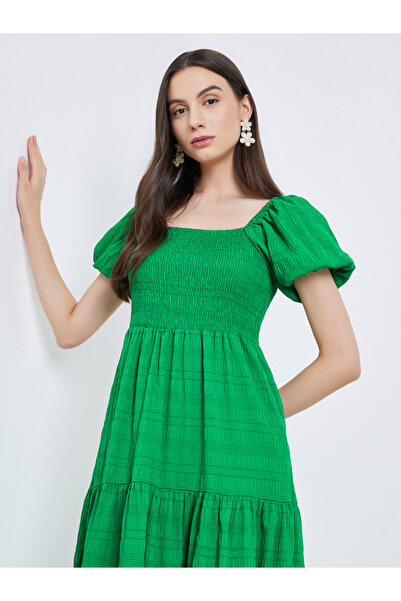 Take Two By Styli Green Puff Sleeve Tiered Midi Dress