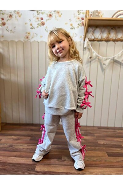 CANSU BUTİK Girl's Gray Long Two-Piece Set with Bow on the Edge