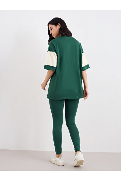 Styli Women Dark Green Color Block Oversized T-Shirt and Leggings Set