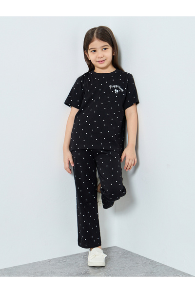 Styli Girls Black Dot Print T-Shirt and Pants Set