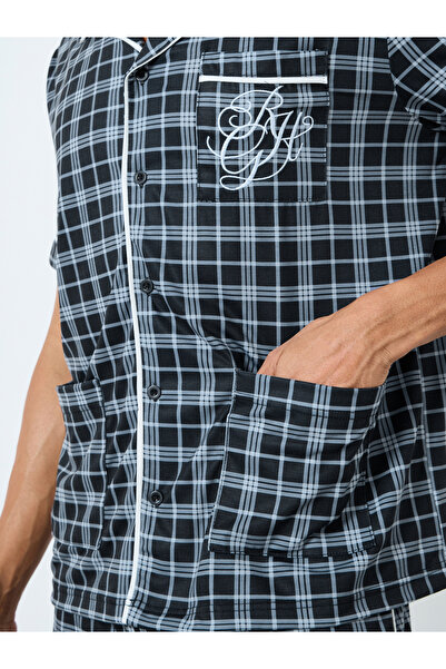 Styli Men Pocket Embroidery Shirt and Checked Shorts Set