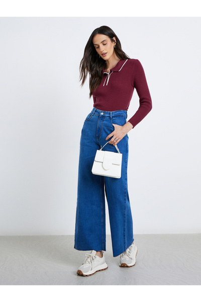 Styli Textured Ribbed Long Sleeve Polo Top