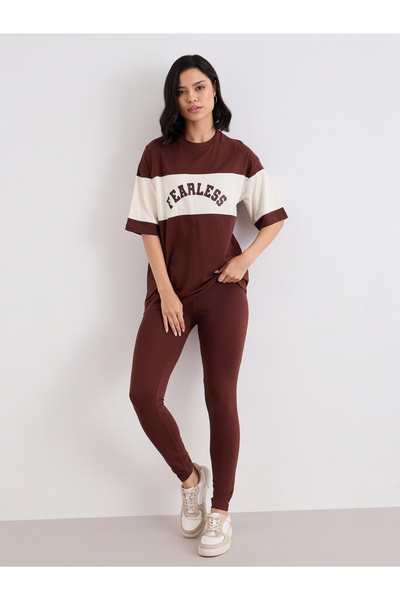 Styli Women Brown Color Block Oversized T-Shirt and Leggings Set