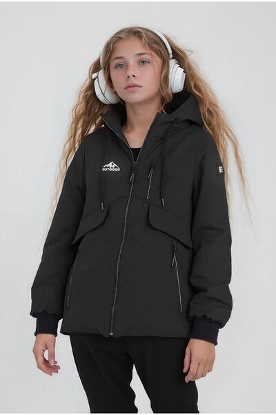 SİVAİST Palton negru pentru fete, hidrofug, cu glugă, pentru exterior – rezis...