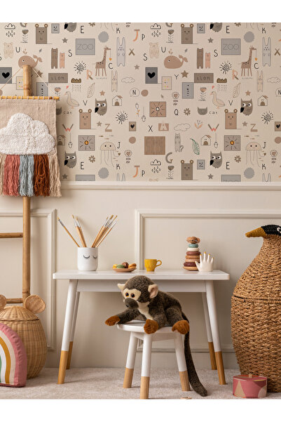 Tasarım Pastel Tonlar Sembolik İconlar Harfler ve Hayvan Figürleri Çocuk Bebek Odası Duvar Kağıdı