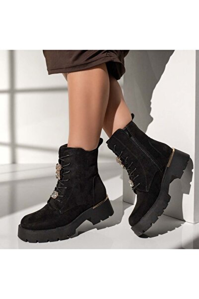 Modlet.ro Women's black suede boots with metallic details and zipper MOD12345