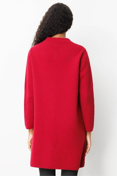 Desen Triko Women's Stand Collar Pocket Crocheted Long Wool Coat V.Çürüğü