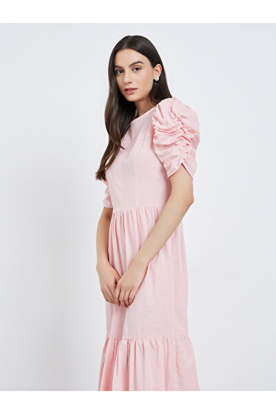 Take Two By Styli Pink Ruched Sleeve A-Line Midi Dress