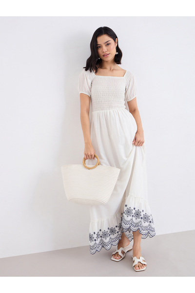 Styli Cream Embroidered Hem Maxi Dress