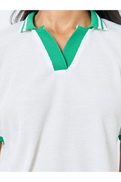 Take Two By Styli Women White Polo Top with Green Trim