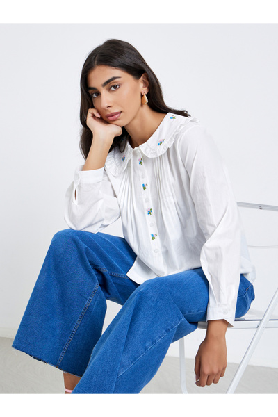Styli White Embroidered Peter Pan Collar Shirt